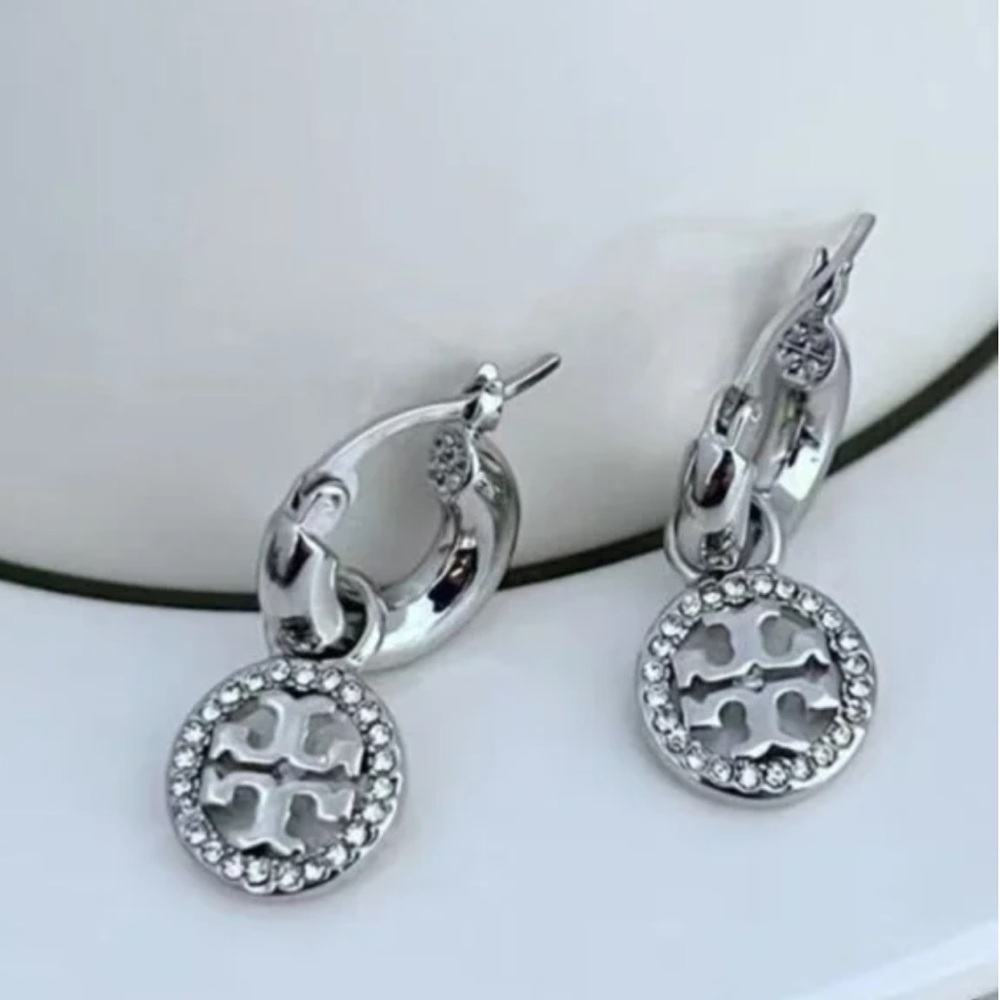 Tory Burch Silver Miller Pave Charm Huggie Earrings